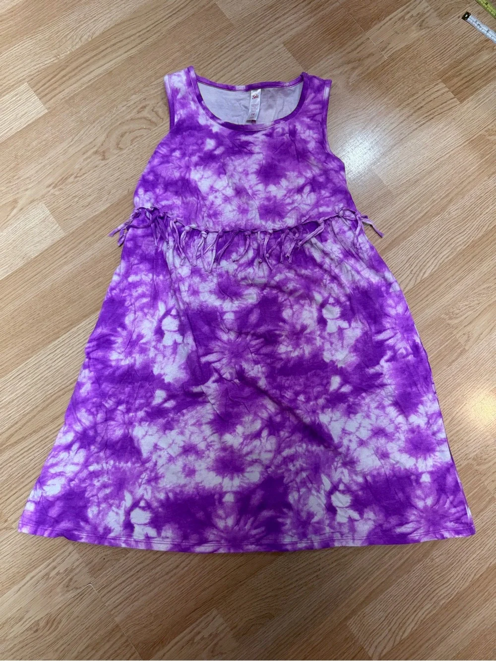 Justice Purple Tie Dye Fringe Dress Girls Size 14 Sleeveless Boho Summer